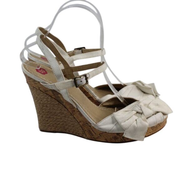 BP Nordstorm Off White Canvas Bow Tie Fab Open Toe Strappy Platform Wedge Heels - Picture 4 of 9